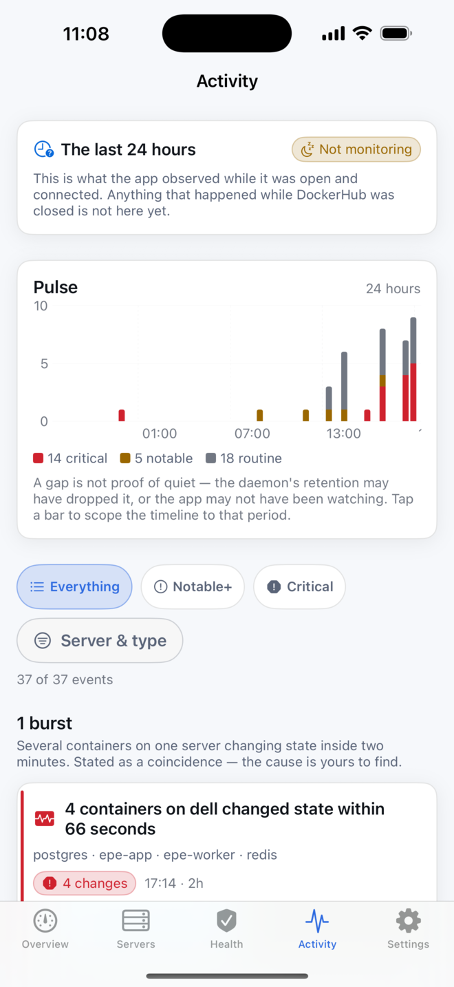 Activity screen: A pulse across 24 hours, split by severity. Bursts and repeated events are collapsed so the pattern is readable.