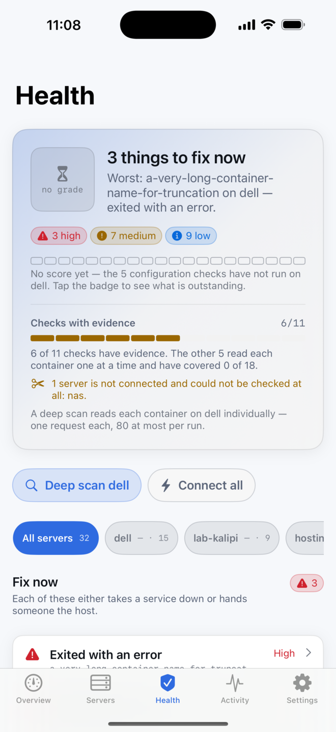 Health screen: One answer at the top: how many things to fix now, and the single worst of them, named.