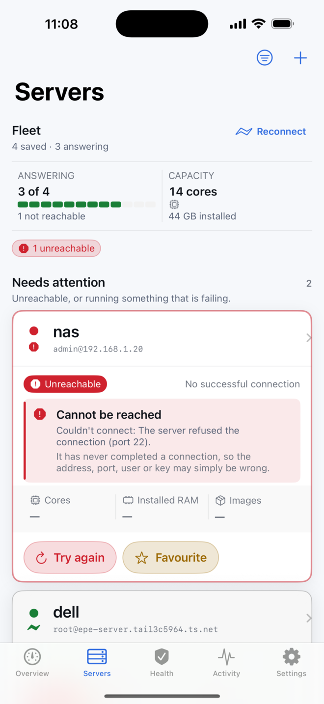 Servers screen: One instrument panel per machine. An unreachable host says why, and a server that stopped being watched live says that too.
