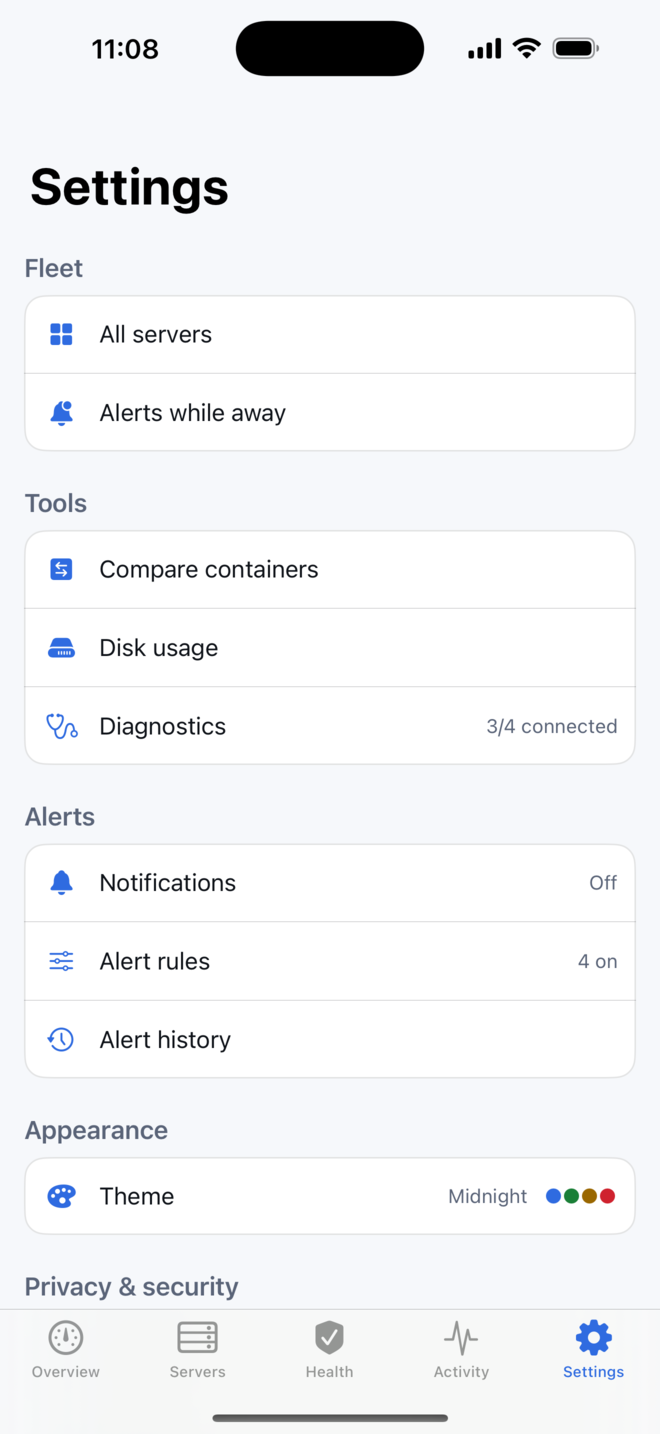 Settings screen: Alerts, app lock, analytics consent, diagnostics, and the theme studio.